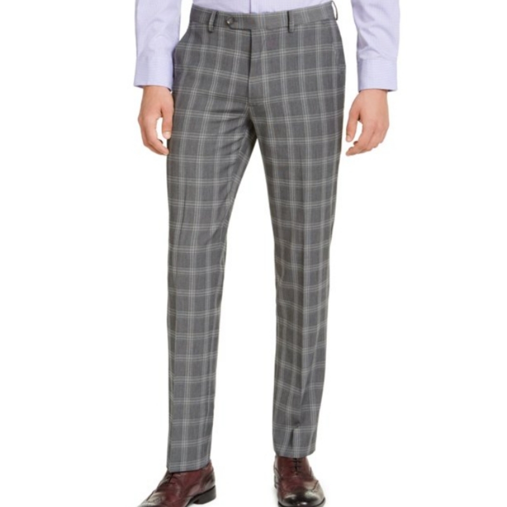 Alfani Mens Black Flat Front Windowpane Plaid Slim Fit